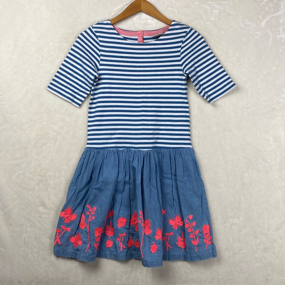 mini Boden Dress11-11yrs Stripes Chambray Skirt w/Floral Embroidery